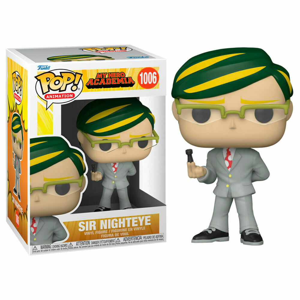 Figura in vinile Funko Pop di Sir Nighteye in abito grigio con capelli verdi e occhiali, accanto alla scatola.