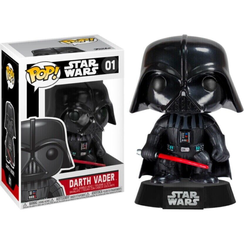 Figurka Funko Pop Darth Vader z czerwonym mieczem świetlnym i pudełkiem.