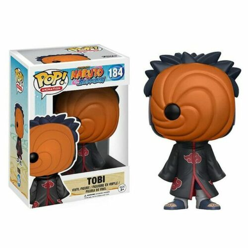 Tobi Funko Pop Figur mit oranger Maske und schwarzem Umhang neben der Verpackung.