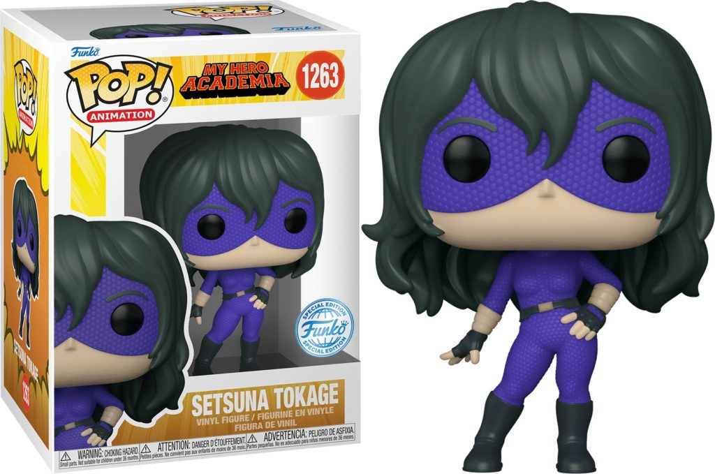 Figura Funko Pop de Setsuna Tokage con traje y máscara morados, al lado de su caja.