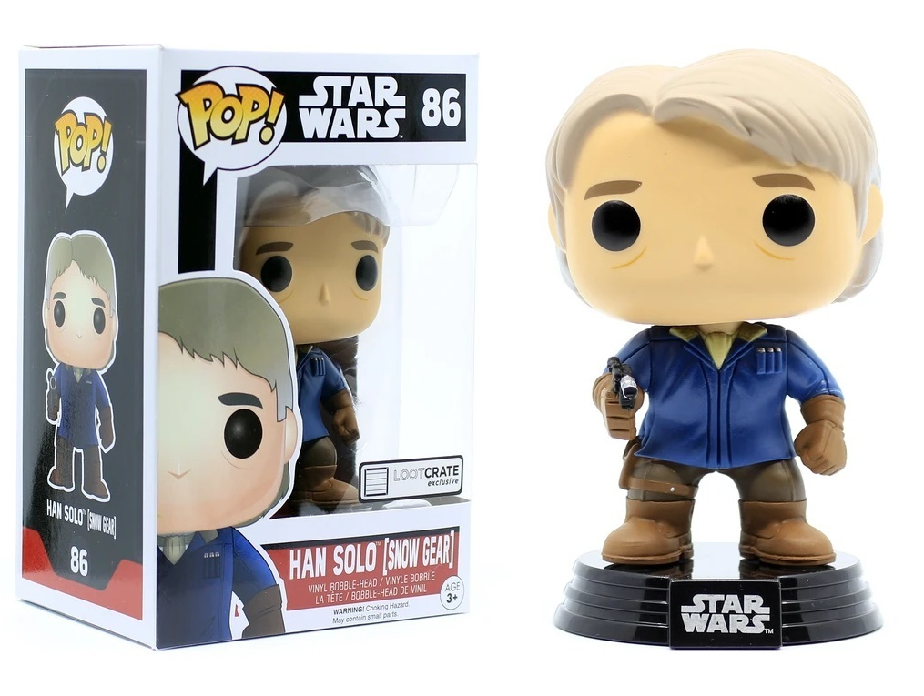 Han Solo Snow Gear Funko Pop Figur mit Verpackung auf weißem Hintergrund.
