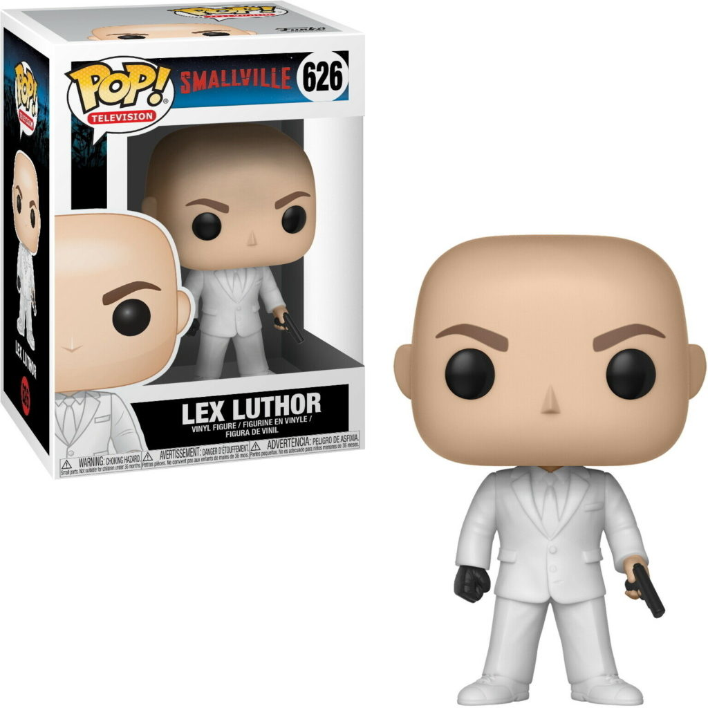 Lex Luthor Funko Pop Figur im weißen Anzug mit Pistole und dazugehöriger Verpackung.