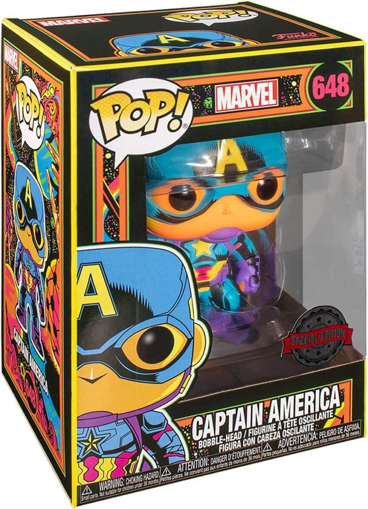 Una colorata action figure in vinile Funko Pop Blacklight di Captain America nella sua scatola.