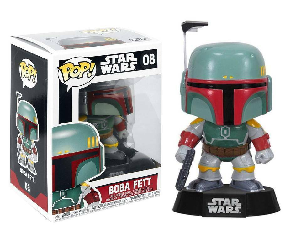 Figurka winylowa Boba Fett Star Wars Funko Pop obok pudełka na białym tle.
