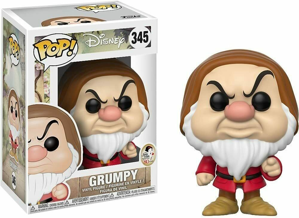 Grumpy Funko Pop Vinyl Figur mit Box, ein Gnom mit braunen Haaren, weißem Bart und roter Kleidung.