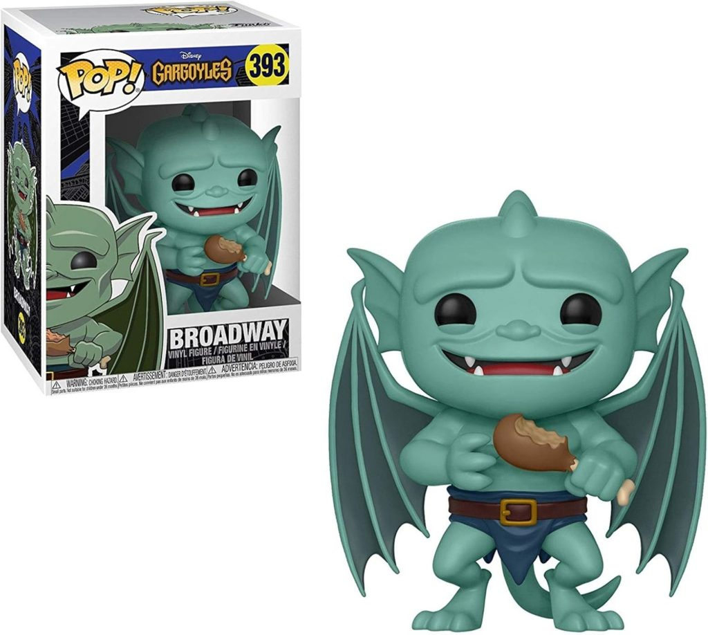 Broadway Gargoyle Funko Pop Figur mit einem Hähnchenschenkel in der Hand vor seiner Verpackung.