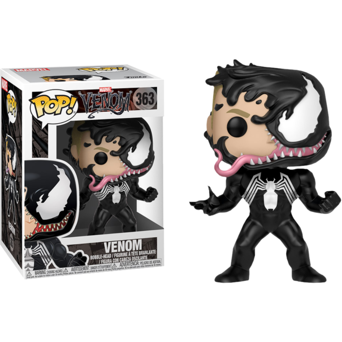 Action figure Funko Pop di Venom accanto alla sua scatola.
