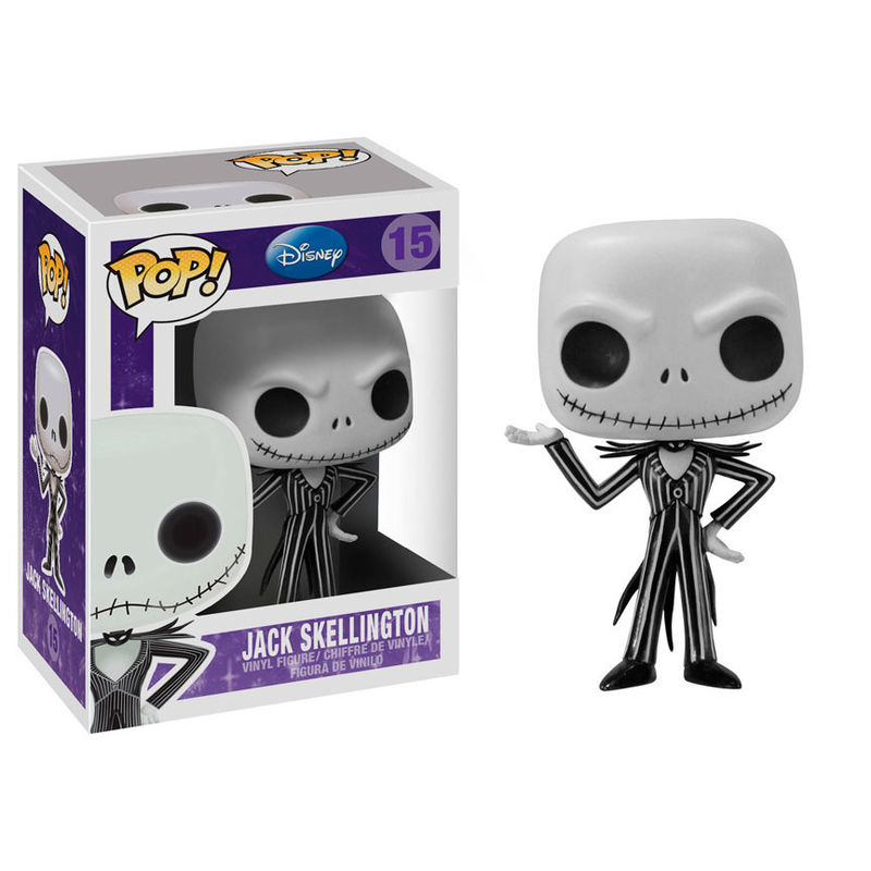 Figurka winylowa Funko Pop Jack Skellington obok swojego fioletowo-białego pudełka.