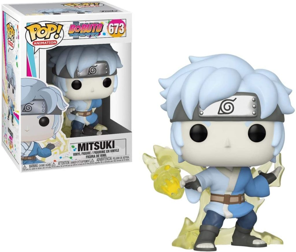 Mitsuki Funko Pop Figur mit hellblauem Haar und gelbem Effekt, daneben die originale Verpackung.