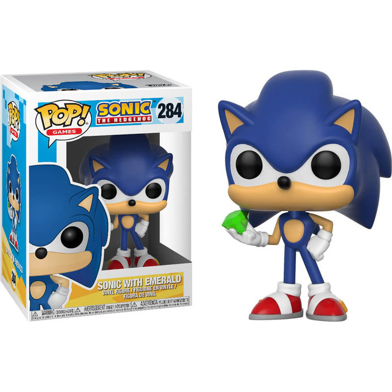 Figura de vinilo Funko Pop Sonic The Hedgehog número 284 con una esmeralda verde y su caja.
