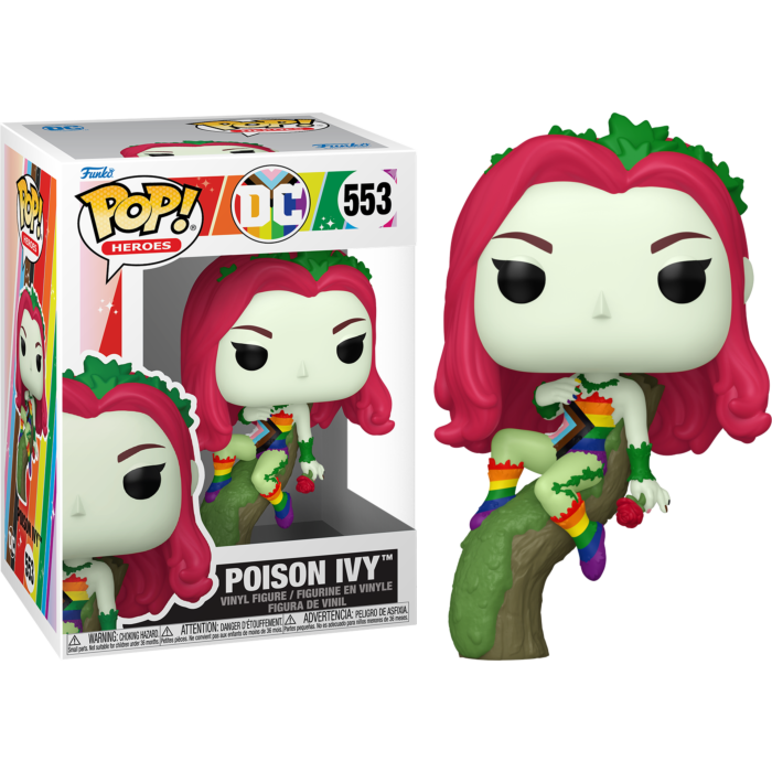 Una figura de vinilo de Poison Ivy Pop! con detalles arcoíris está sentada en una rama junto a su caja.