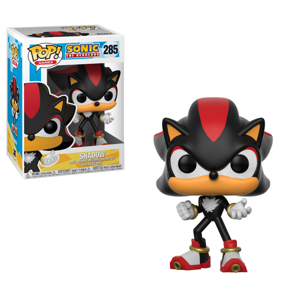 Una figura de vinilo Funko Pop de Shadow the Hedgehog en negro y rojo junto a su caja.