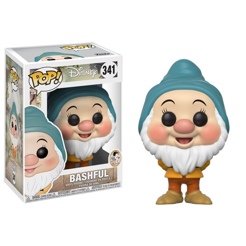 Funko Pop Vinylfigur von Bashful aus Schneewittchen neben seiner Verpackung.