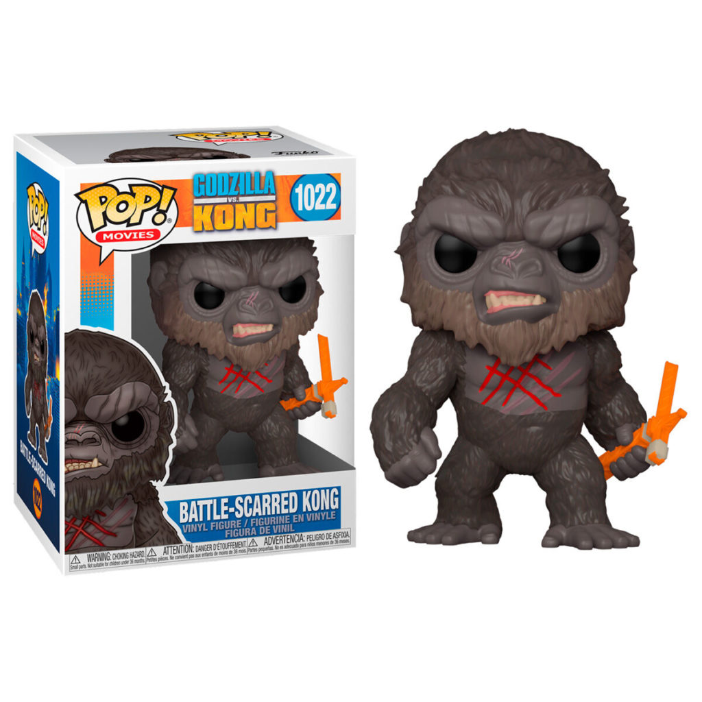 Figura Funko Pop de Kong con cicatrices de batalla, pelo gris, cicatrices rojas y un hacha naranja.