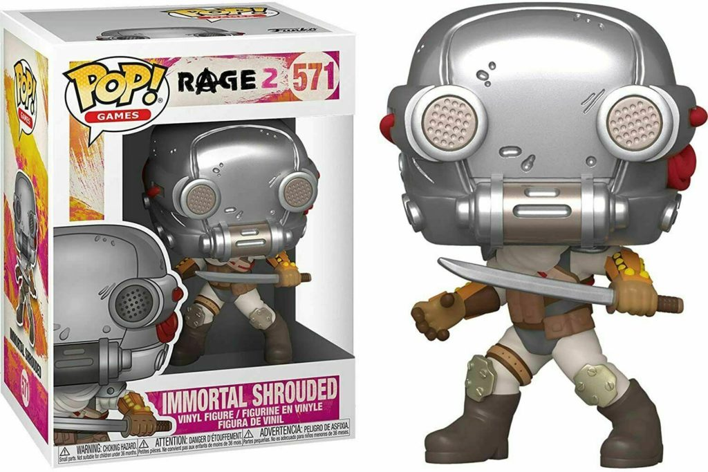 Figurka winylowa Pop! Games Rage 2 Immortal Shrouded ze srebrnym hełmem i mieczem przed pudełkiem.