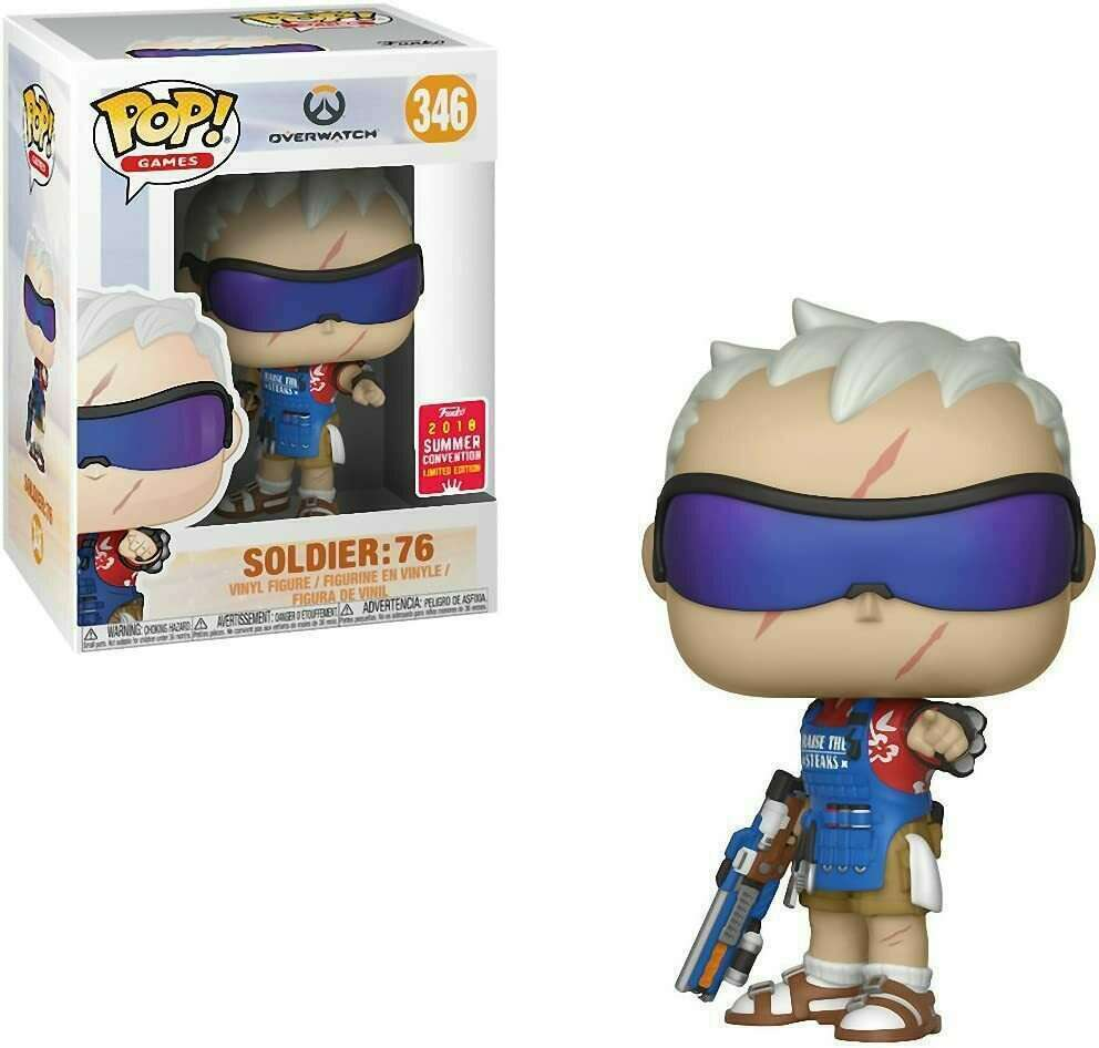 Funko-Pop-Figur von Soldier: 76 aus Overwatch, stehend mit einem Gewehr neben der Verpackung.