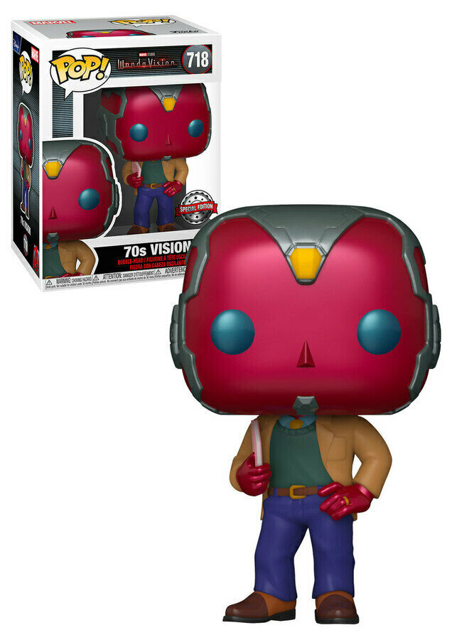 Eine Funko Pop Figur von 70s Vision mit Verpackung in rot, blau und braun.