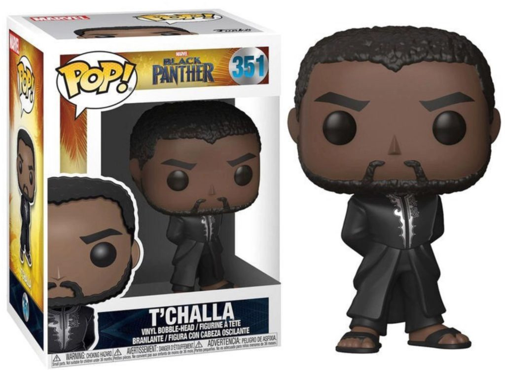 Funko Pop Figur von T'Challa in schwarzem Gewand mit Verpackung.