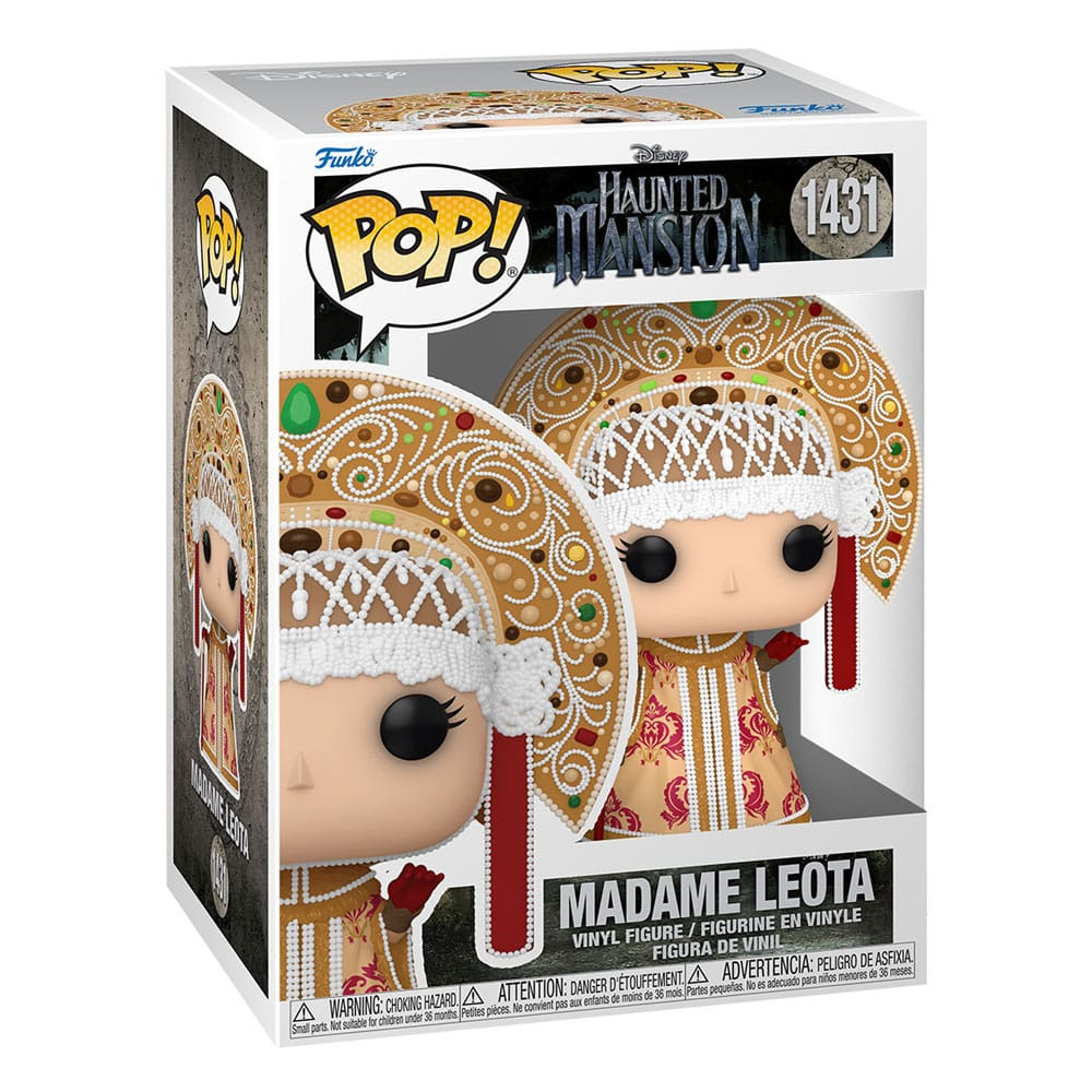 Figura de vinilo Funko Pop de Madame Leota en caja, con tocado dorado ornamentado y túnica estampada.