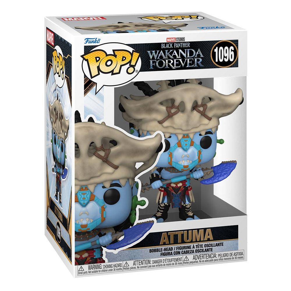 Figura Funko Pop di Attuma da Wakanda Forever in scatola bianca, con copricapo blu e arma.