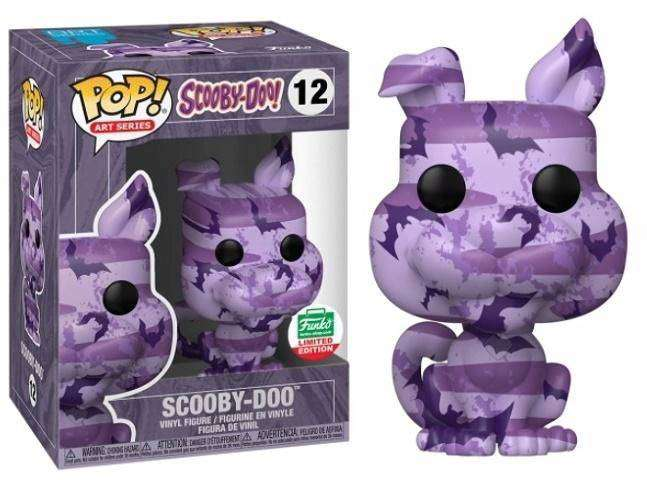 Eine violette Scooby-Doo Funko Pop Figur mit Fledermaus-Muster und ihre passende Verpackung.
