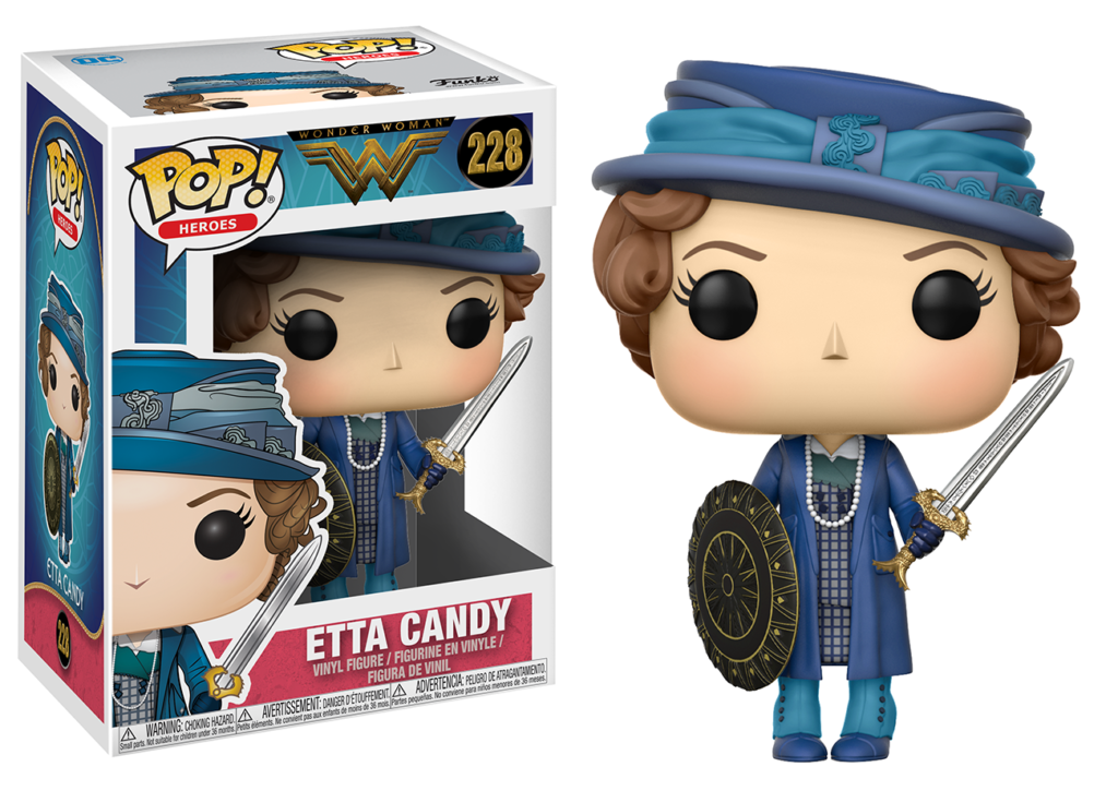 Funko Pop Etta Candy Vinylfigur mit blauem Hut, Mantel und Kleid, hält Schwert und Schild neben der Verpackung.