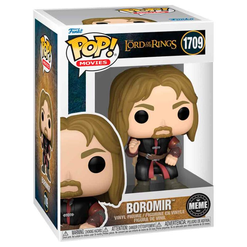 Figura de vinilo Funko Pop de Boromir en su caja, con cabello castaño, barba y armadura medieval.