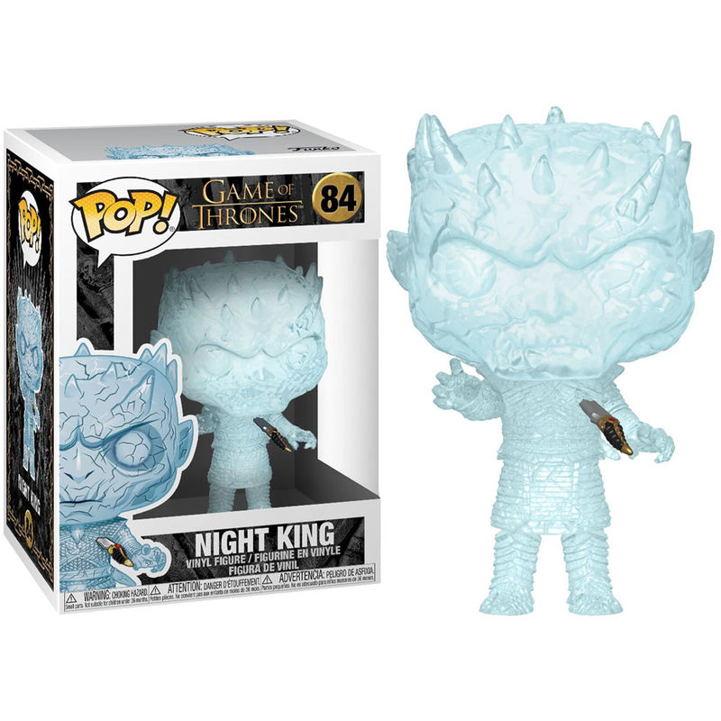 Transuzente Night King Funko Pop Figur mit Dolch neben ihrer Verpackung.