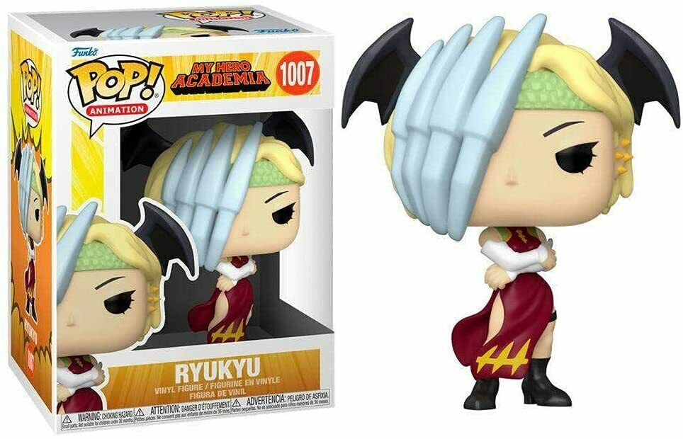 Funko Pop Ryukyu Vinyl-Figur aus My Hero Academia mit drachenartigen Hörnern und rotem Outfit neben der Verpackung.