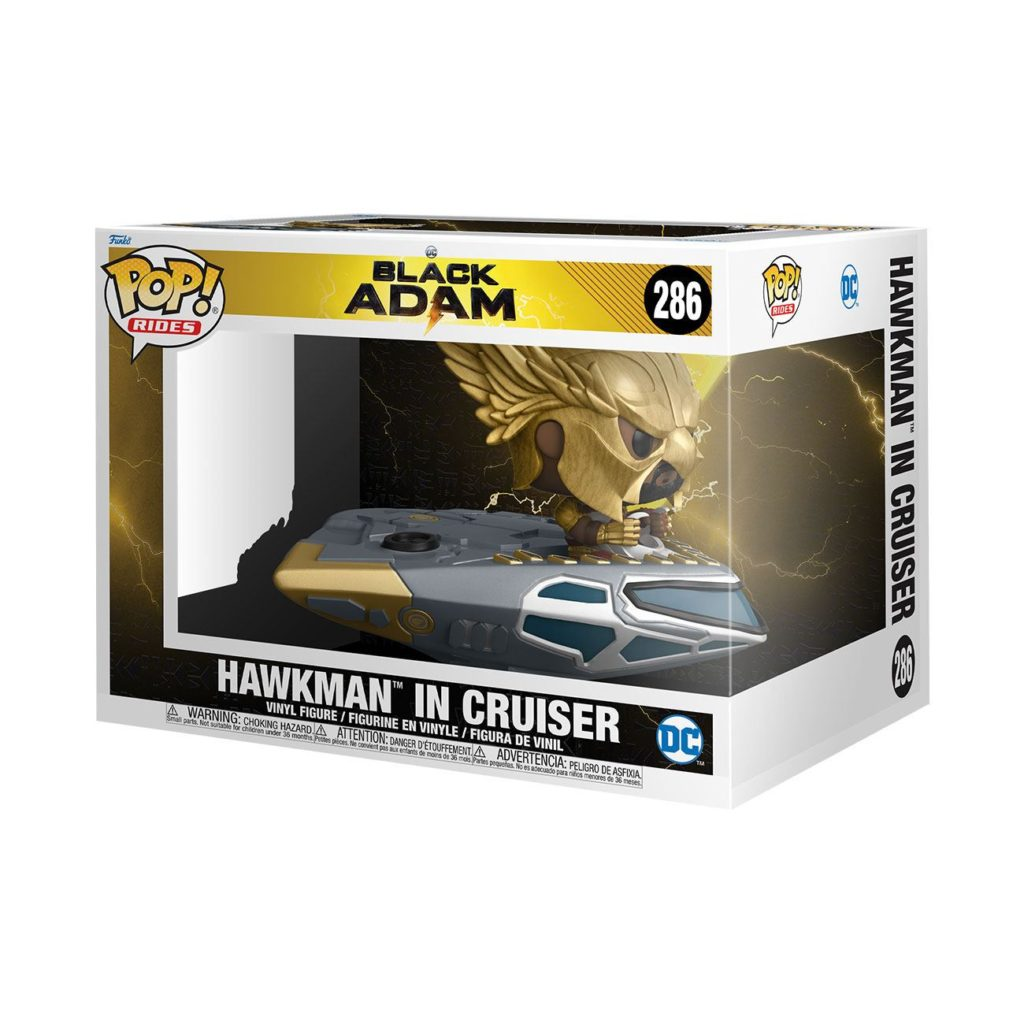 Eine Funko Pop Rides Box mit Hawkman in einem Gleiter, beschriftet mit Black Adam Nummer 286.