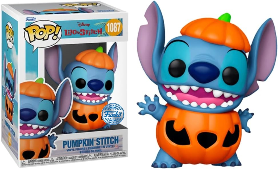 Figurine en vinyle Funko Pop de Stitch en costume de citrouille, à côté de sa boîte colorée.