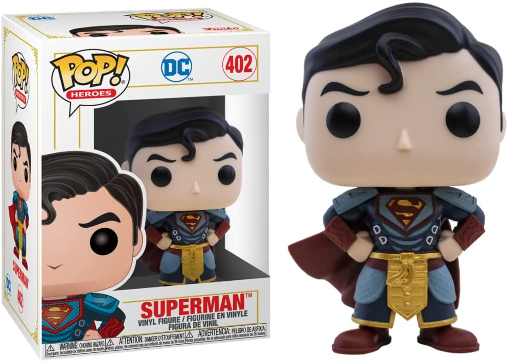 Figura in vinile Superman Funko Pop numero 402 in costume dettagliato, in piedi accanto alla scatola.