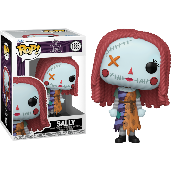Figura Funko Pop de Sally con pelo rojo, piel pálida y vestido de retazos, junto a su caja.