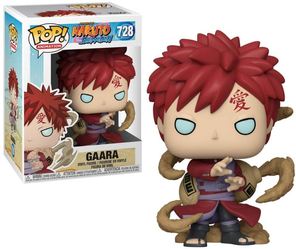 Gaara Funko Pop Figur mit rotem Haar und Sandgurt, stehend vor ihrer Verpackung.