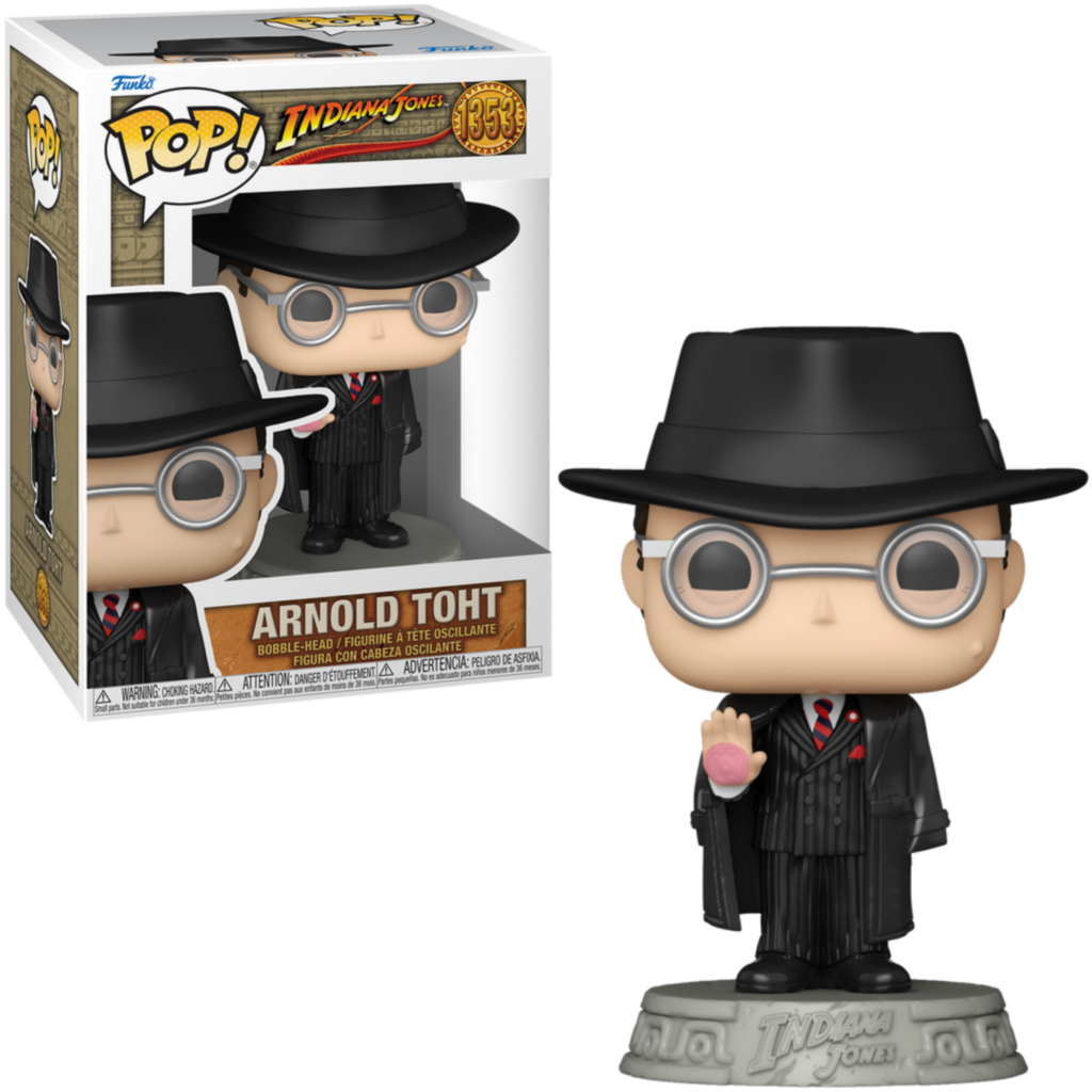 Eine Funko Pop Figur von Arnold Toht aus Indiana Jones mit Hut, Brille und schwarzem Anzug vor seiner Box.