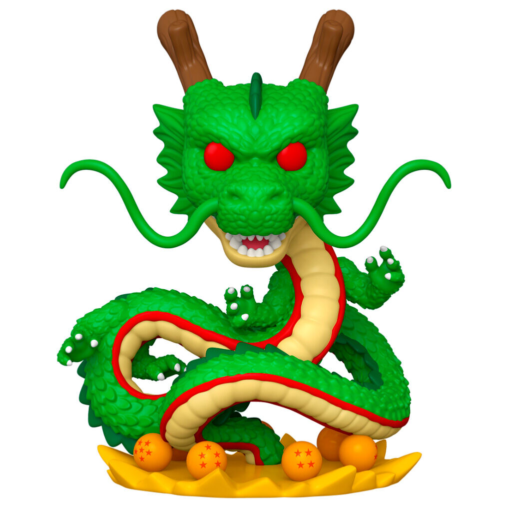 Grüne Drachenfigur mit roten Augen und Hörnern, die auf orangefarbenen Kugeln steht.