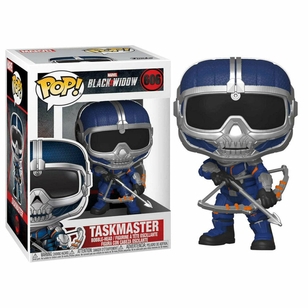 Figurka Funko Pop Taskmaster w niebieskiej zbroi z łukiem obok pudełka.