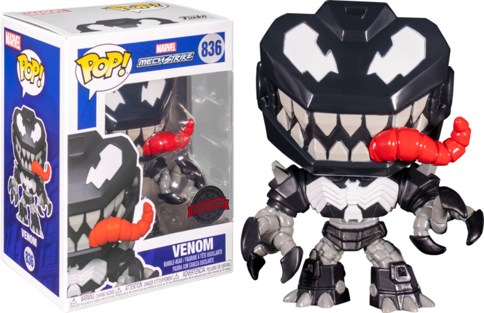 Marvel Mech Strike Venom Funko Pop Figur mit großer roter Zunge und ihrer Originalverpackung.
