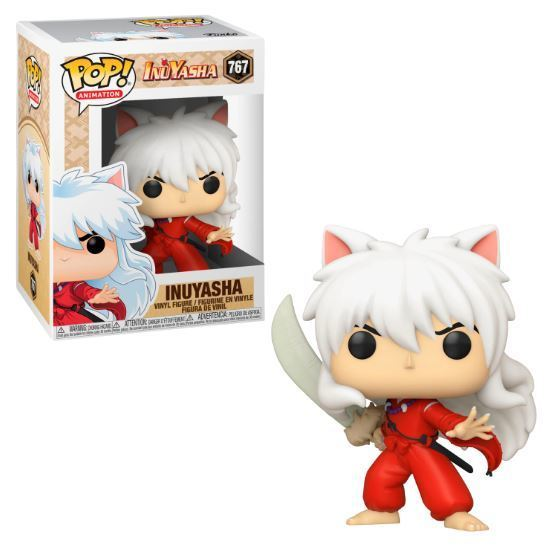 Funko Pop Inuyasha Vinylfigur mit weißem Haar und rotem Outfit, neben ihrer Schachtel.