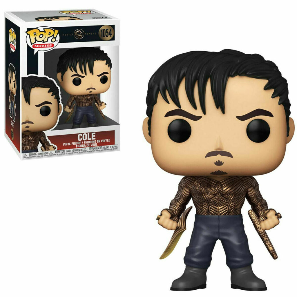 Figura Funko Pop de Cole de Mortal Kombat con armadura y tonfas, junto a su caja de embalaje.