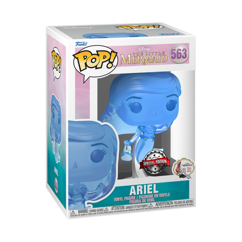Eine durchsichtig blaue Funko Pop Vinylfigur von Arielle aus Arielle, die Meerjungfrau, Nr. 563, in ihrer Verpackung.