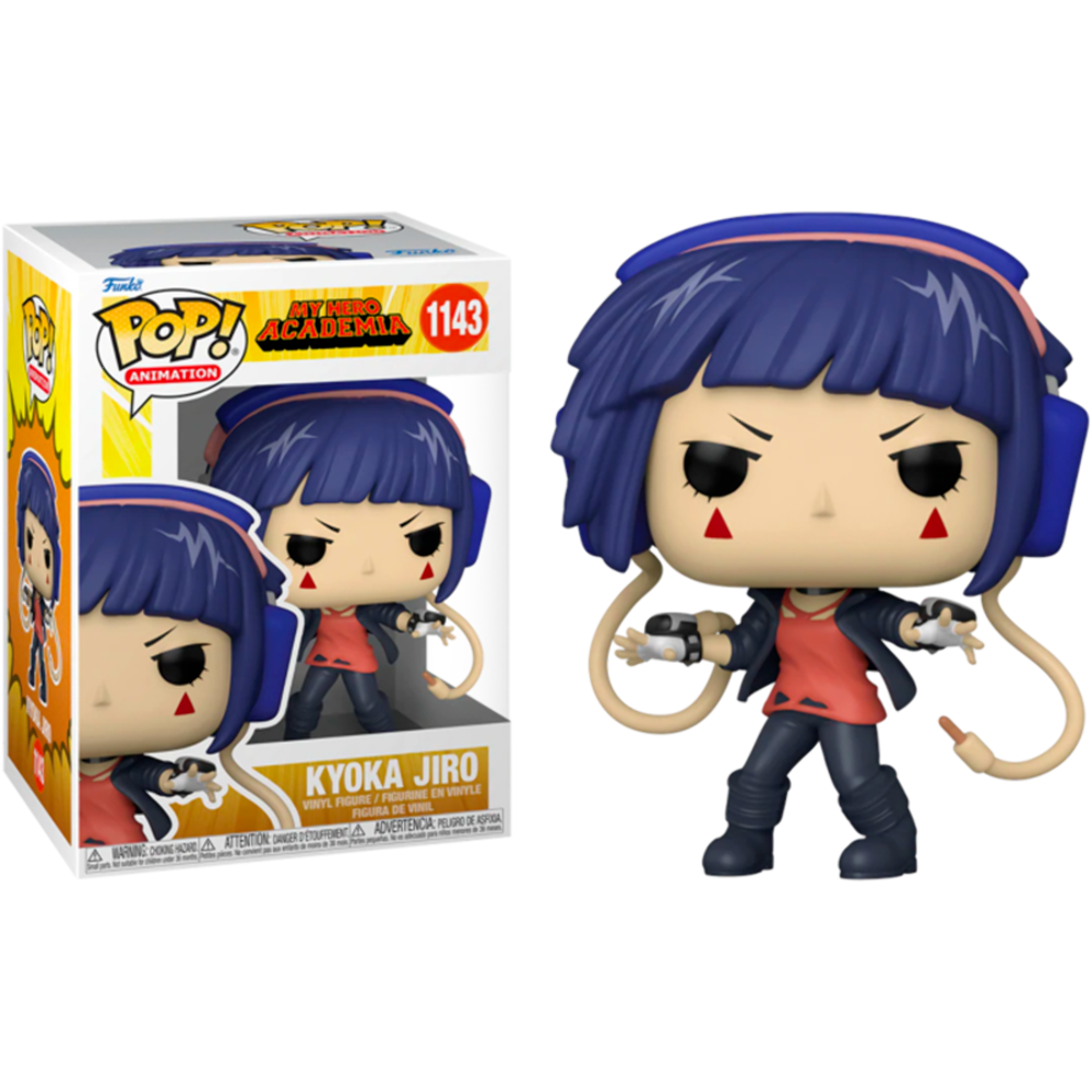 Figurka Funko Pop Kyoka Jiro z My Hero Academia z fioletowymi włosami i słuchawkami, obok opakowania.