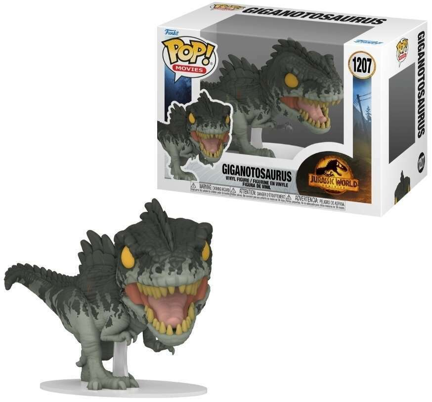 Eine graue Giganotosaurus Funko Pop Figur mit gelben Augen und offenem Maul steht vor ihrer Verpackung.
