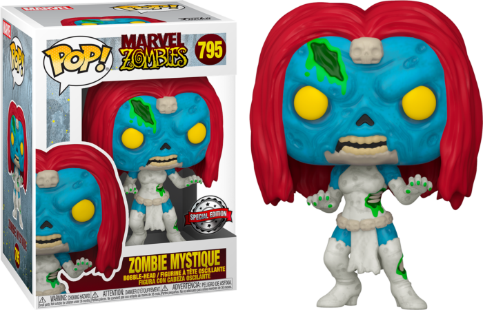 Marvel Zombies Zombie Mystique Funko Pop Figur mit Box, blauer Haut, roten Haaren und freiliegendem Knochen.