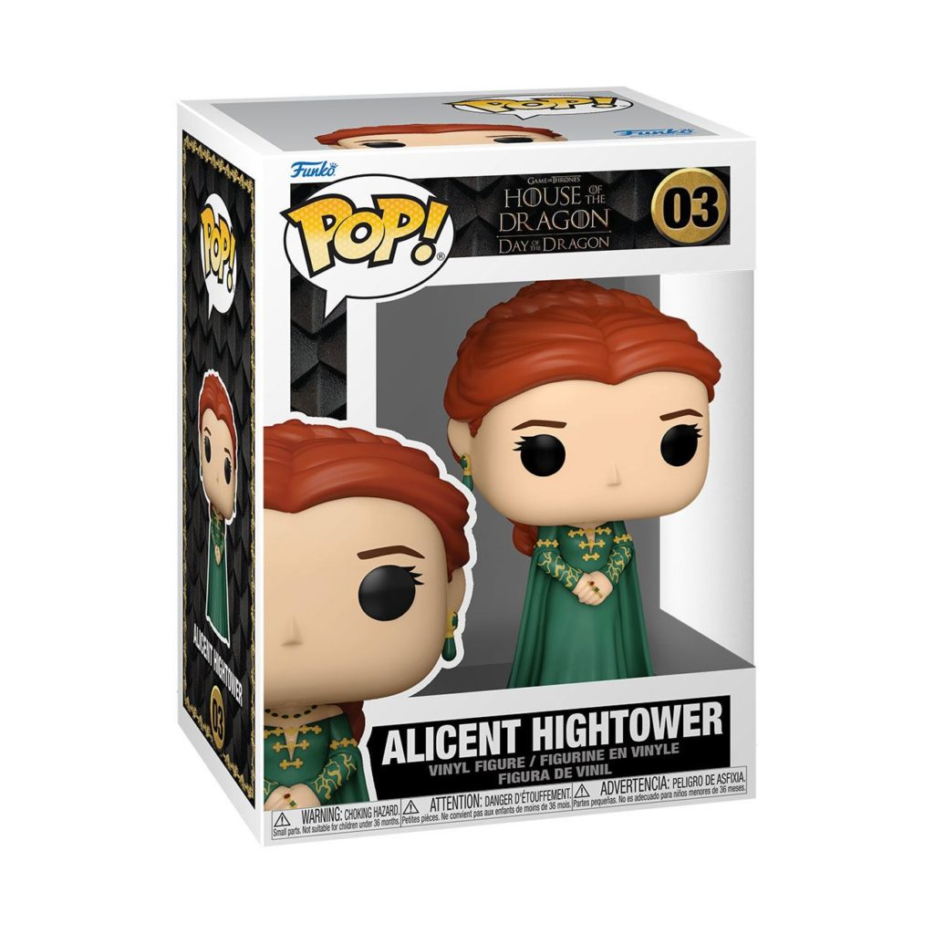 Figura Funko Pop di Alicent Hightower in scatola con vestito verde e capelli rossi.