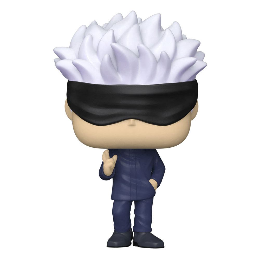 Eine Vinylfigur von Satoru Gojo mit stacheligem weißem Haar, schwarzer Augenbinde und dunkelblauer Uniform vor weißem Hintergrund.