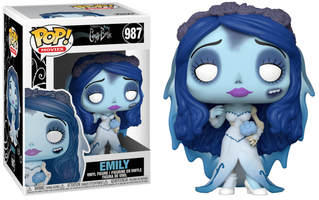 Emily Funko Pop Figur mit blauer Haut und weißem Brautkleid neben ihrer Produktverpackung.