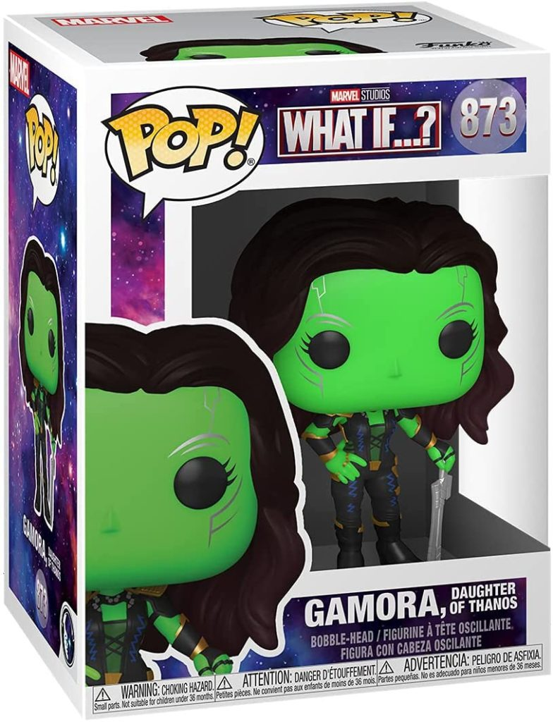 Eine Funko-Pop-Box für Gamora aus What If...?, die die grünbärtige Figur mit Schwert zeigt.
