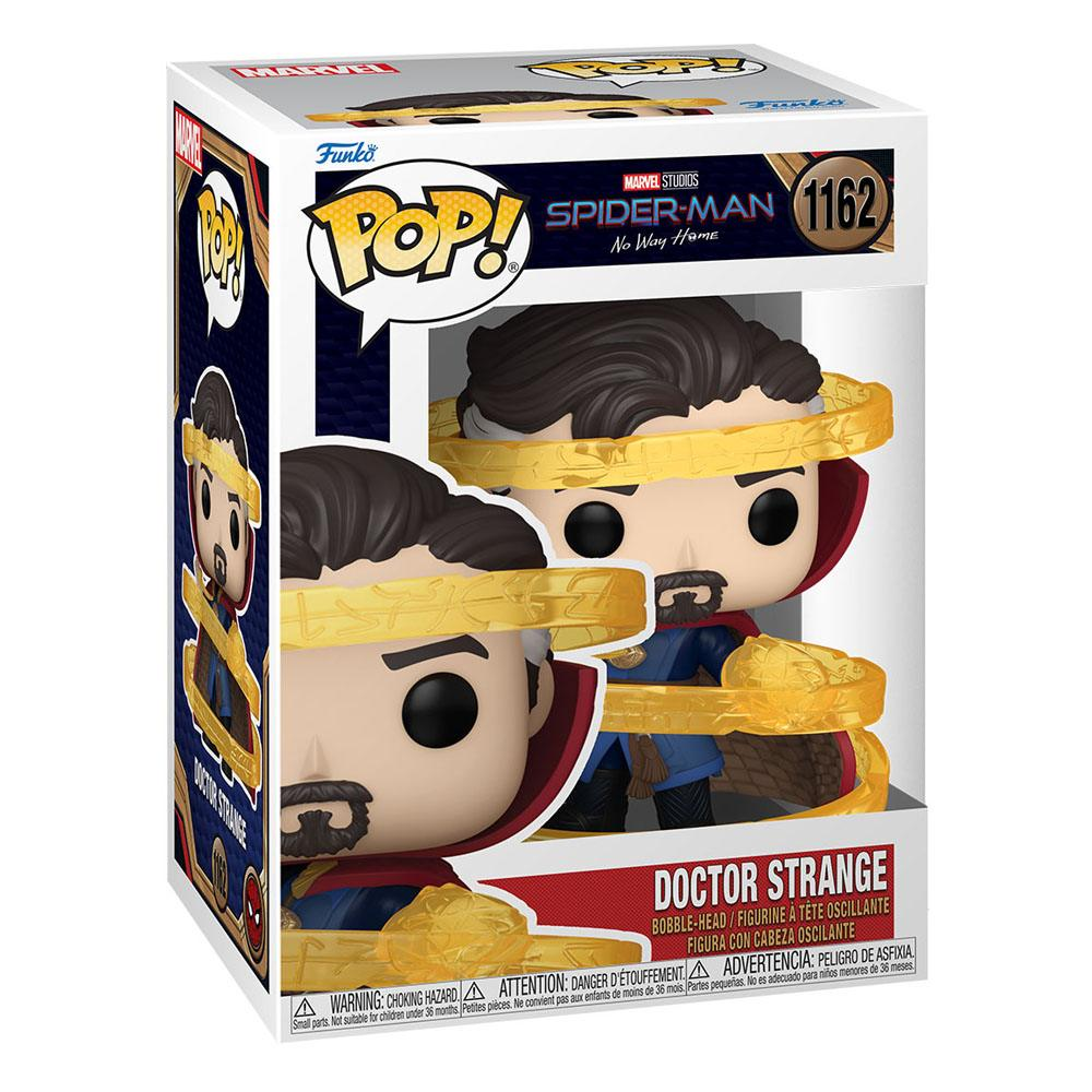 Figura Funko Pop de Doctor Strange de Spider-Man: No Way Home dentro de una colorida caja de coleccionista.