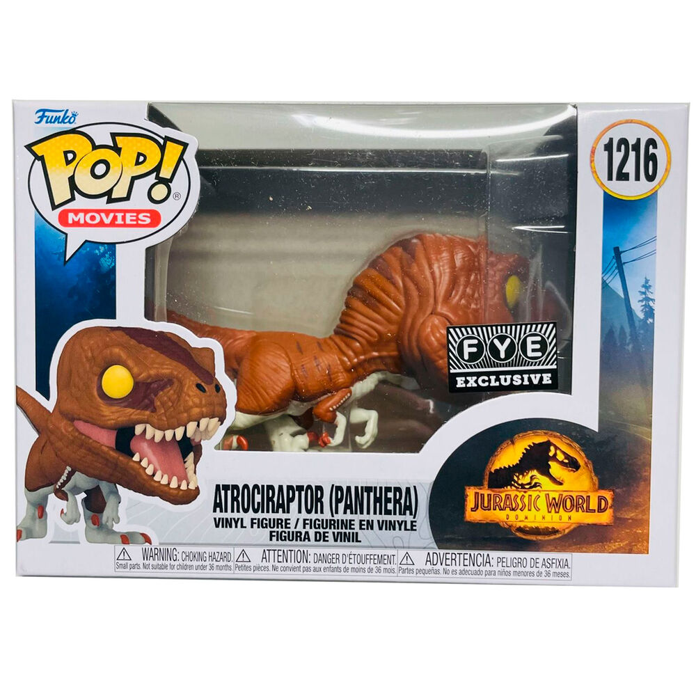 Figura de vinilo Funko Pop Atrociraptor en caja, número 1216, con pegatina exclusiva FYE.